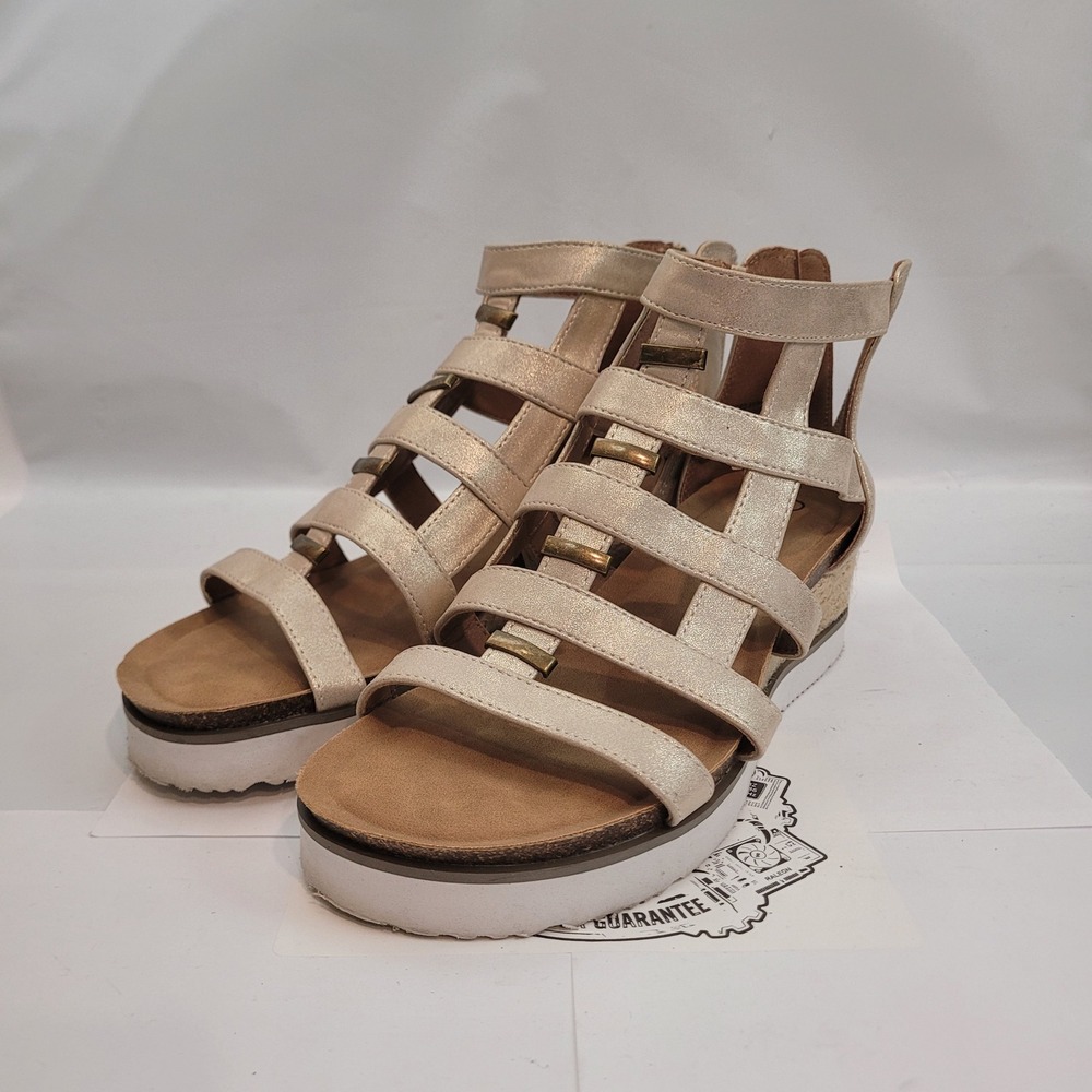 Corkys Caged Animal Sandals Womens 7 Metallic Gold Gladiator Wedge Platform